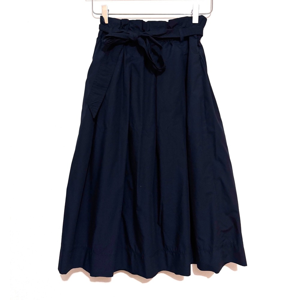 H&M Navy Blue Cotton Paperbag Waist Midi Skirt with Tie Belt